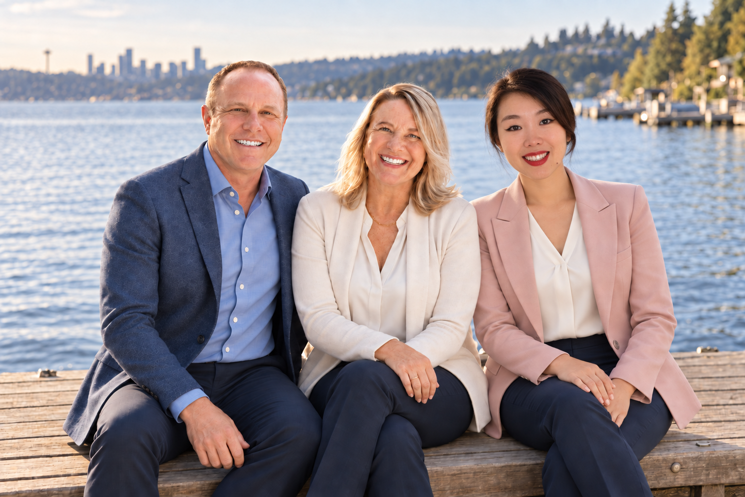 Jim McCarthy, Linda Graham, and Jocelyn Zhang by Lake Washington